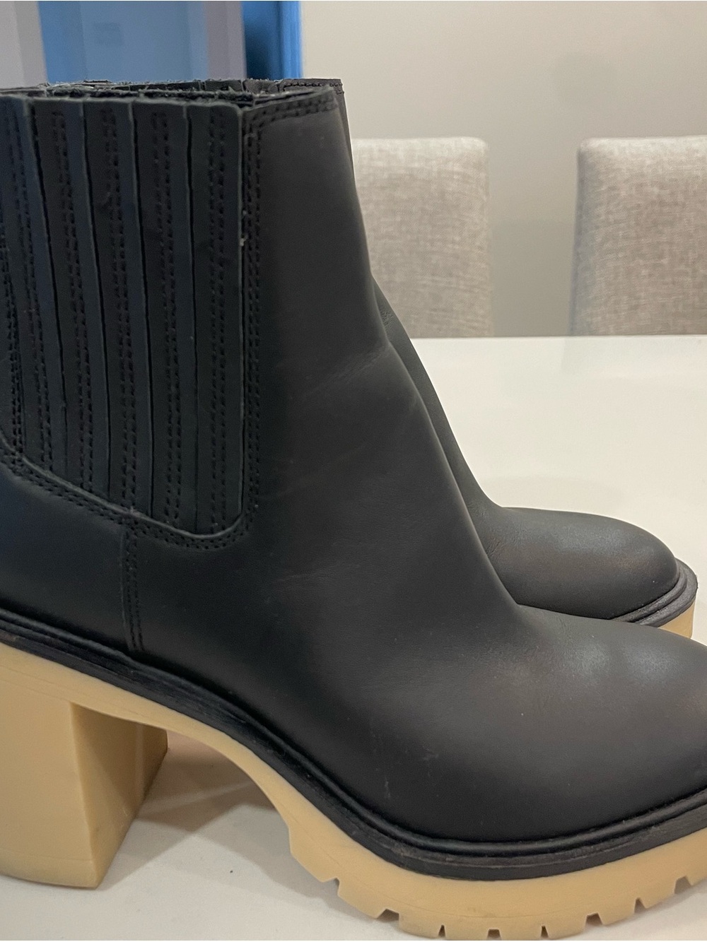 Dolce Vita Black Leather Chelsea Lug Ankle Boots with Tan Platform